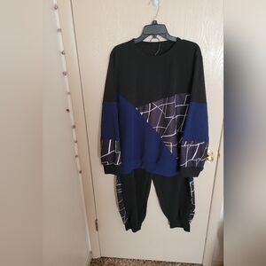 Shein Curve 3xl Navy Blue And Black Geometric Womens Set Joggers And Crewneck